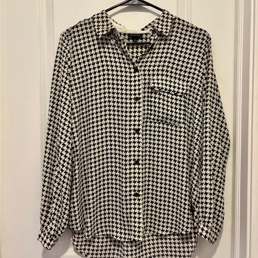 Who What Wear Black and White Houndstooth Blouse